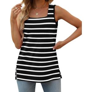 XIEERDUO Summer Tank Tops for Women Square Neck Loose Fit Casual Fashion Flowy Sleeveless(01b-white Stripe)