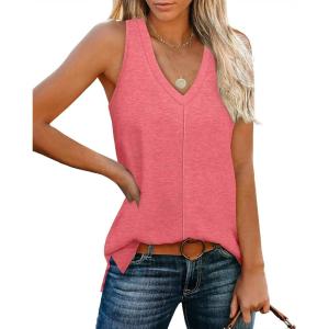XIEERDUO Tank Tops for Women V Neck Summer Outfits Side Slit Sleeveless Shirts Loose Fit 2025 Fashion(04 Dark Pink)