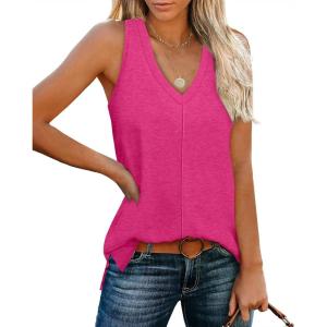 XIEERDUO Tank Tops for Women V Neck Summer Outfits Side Slit Sleeveless Shirts Loose Fit 2025 Fashion(05 Hot Pink)