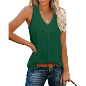 XIEERDUO Tank Tops for Women V Neck Summer Outfits Side Slit Sleeveless Shirts Loose Fit 2025 Fashion(08 Dark Green)
