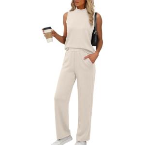 XIEERDUO Two Piece Sets for Women Summer Outfits Travel Mock Neck Lounge Sets Wide Leg Pants Beach Vacation Clothes(Beige)