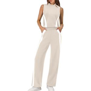 XIEERDUO Two Piece Sets for Women Summer Outfits Travel Mock Neck Lounge Sets Wide Leg Pants Beach Vacation Clothes(Beige+white)