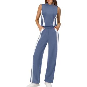 XIEERDUO Two Piece Sets for Women Summer Outfits Travel Mock Neck Lounge Sets Wide Leg Pants Beach Vacation Clothes(Blue)