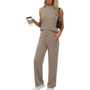 XIEERDUO Two Piece Sets for Women Summer Outfits Travel Mock Neck Lounge Sets Wide Leg Pants Beach Vacation Clothes(Coffee)