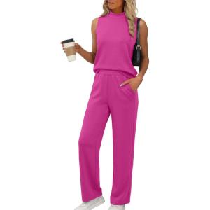 XIEERDUO Two Piece Sets for Women Summer Outfits Travel Mock Neck Lounge Sets Wide Leg Pants Beach Vacation Clothes(Hot Pink)
