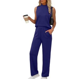 XIEERDUO Two Piece Sets for Women Summer Outfits Travel Mock Neck Lounge Sets Wide Leg Pants Beach Vacation Clothes(Navy Blue)