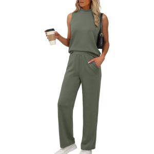 XIEERDUO Two Piece Sets for Women Summer Outfits Travel Mock Neck Lounge Sets Wide Leg Pants Beach Vacation Clothes(Olive Green)