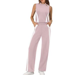 XIEERDUO Two Piece Sets for Women Summer Outfits Travel Mock Neck Lounge Sets Wide Leg Pants Beach Vacation Clothes(Pink+white)