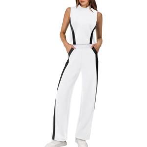 XIEERDUO Two Piece Sets for Women Summer Outfits Travel Mock Neck Lounge Sets Wide Leg Pants Beach Vacation Clothes(White+black)