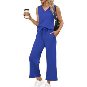 XIEERDUO Two Piece Sets for Women Summer Vacation Travel Outfits V Neck Lounge Matching Sets(Blue)