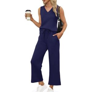 XIEERDUO Two Piece Sets for Women Summer Vacation Travel Outfits V Neck Lounge Matching Sets(Navy Blue)