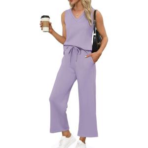 XIEERDUO Two Piece Sets for Women Summer Vacation Travel Outfits V Neck Lounge Matching Sets(Purple)