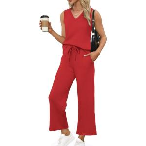XIEERDUO Two Piece Sets for Women Summer Vacation Travel Outfits V Neck Lounge Matching Sets(Red)
