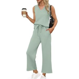 XIEERDUO Two Piece Sets for Women Summer Vacation Travel Outfits V Neck Lounge Matching Sets(Sage Green)