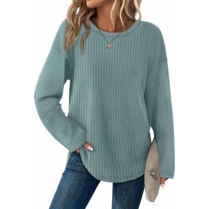XIEERDUO Women Tunic Tops Dressy Casual Long Sleeve Shirts Fall Trendy Waffle Knit Crewneck Curved Hem Fashion Clothing 2025(E-blue Green)