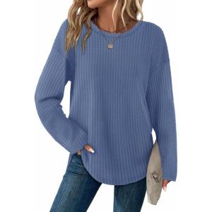 XIEERDUO Women Tunic Tops Dressy Casual Long Sleeve Shirts Fall Trendy Waffle Knit Crewneck Curved Hem Fashion Clothing 2025(F-navy Blue)