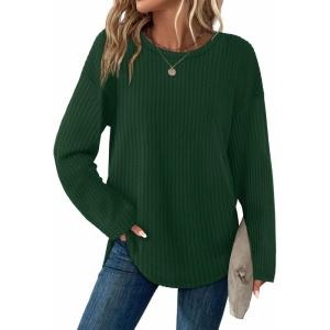 XIEERDUO Women Tunic Tops Dressy Casual Long Sleeve Shirts Fall Trendy Waffle Knit Crewneck Curved Hem Fashion Clothing 2025(H-dark Green)