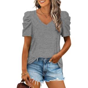 XIEERDUO Womens Summer Shirt V Neck Casual Tshirts Puff Sleeve Tops for Women Solid Color XS-3XL(02-gray)