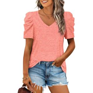 XIEERDUO Womens Summer Shirt V Neck Casual Tshirts Puff Sleeve Tops for Women Solid Color XS-3XL(04a-coral)