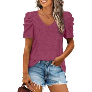 XIEERDUO Womens Summer Shirt V Neck Casual Tshirts Puff Sleeve Tops for Women Solid Color XS-3XL(05-maroon)