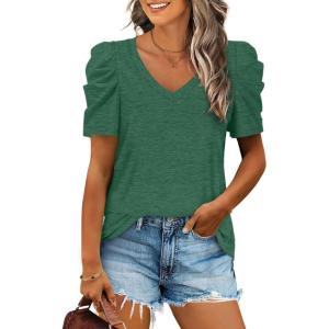 XIEERDUO Womens Summer Shirt V Neck Casual Tshirts Puff Sleeve Tops for Women Solid Color XS-3XL(06-green)