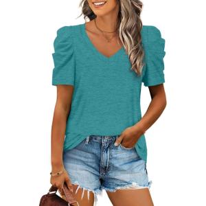 XIEERDUO Womens Summer Shirt V Neck Casual Tshirts Puff Sleeve Tops for Women Solid Color XS-3XL(08-grey Green)