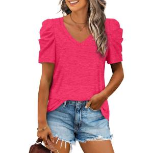 XIEERDUO Womens Summer Shirt V Neck Casual Tshirts Puff Sleeve Tops for Women Solid Color XS-3XL(09-light Pink)