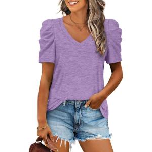 XIEERDUO Womens Summer Shirt V Neck Casual Tshirts Puff Sleeve Tops for Women Solid Color XS-3XL(10-lavender)