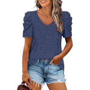 XIEERDUO Womens Summer Shirt V Neck Casual Tshirts Puff Sleeve Tops for Women Solid Color XS-3XL(11-navy)