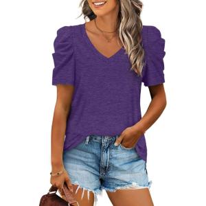 XIEERDUO Womens Summer Shirt V Neck Casual Tshirts Puff Sleeve Tops for Women Solid Color XS-3XL(11-purple)