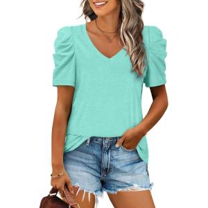XIEERDUO Womens Summer Shirt V Neck Casual Tshirts Puff Sleeve Tops for Women Solid Color XS-3XL(12-lake Green)