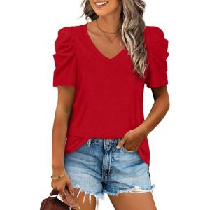 XIEERDUO Womens Summer Shirt V Neck Casual Tshirts Puff Sleeve Tops for Women Solid Color XS-3XL(12-red)