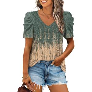 XIEERDUO Womens Summer Shirt V Neck Casual Tshirts Puff Sleeve Tops for Women Solid Color XS-3XL(15-grey Coral)