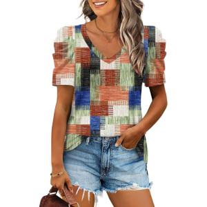 XIEERDUO Womens Summer Shirt V Neck Casual Tshirts Puff Sleeve Tops for Women Solid Color XS-3XL(15-plaid)
