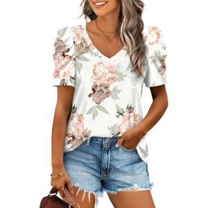 XIEERDUO Womens Summer Shirt V Neck Casual Tshirts Puff Sleeve Tops for Women Solid Color XS-3XL(15-white Floral)