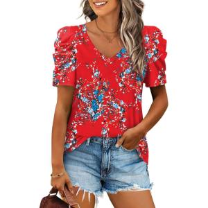 XIEERDUO Womens Summer Shirt V Neck Casual Tshirts Puff Sleeve Tops for Women Solid Color XS-3XL(16-red Floral)