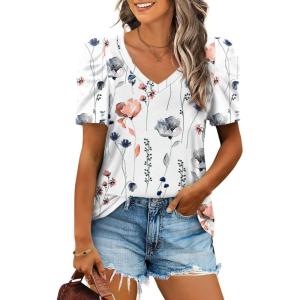 XIEERDUO Womens Summer Shirt V Neck Casual Tshirts Puff Sleeve Tops for Women Solid Color XS-3XL(16-white Painting)