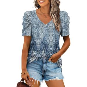 XIEERDUO Womens Summer Shirt V Neck Casual Tshirts Puff Sleeve Tops for Women Solid Color XS-3XL(17-floral Beige Blue)