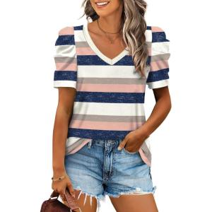 XIEERDUO Womens Summer Shirt V Neck Casual Tshirts Puff Sleeve Tops for Women Solid Color XS-3XL(17-pink Navy Stripe)