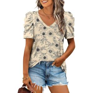 XIEERDUO Womens Summer Shirt V Neck Casual Tshirts Puff Sleeve Tops for Women Solid Color XS-3XL(18-apricot Flowers)