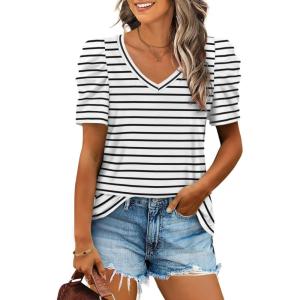 XIEERDUO Womens Summer Shirt V Neck Casual Tshirts Puff Sleeve Tops for Women Solid Color XS-3XL(18-white Stripe)