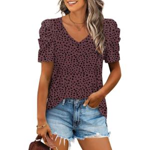 XIEERDUO Womens Summer Shirt V Neck Casual Tshirts Puff Sleeve Tops for Women Solid Color XS-3XL(21-burgundy Leopard)
