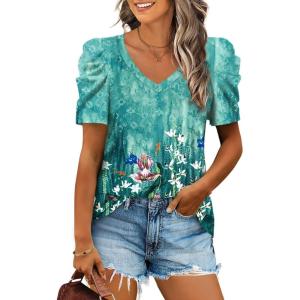 XIEERDUO Womens Summer Shirt V Neck Casual Tshirts Puff Sleeve Tops for Women Solid Color XS-3XL(22-floral Green)