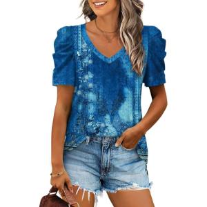 XIEERDUO Womens Summer Shirt V Neck Casual Tshirts Puff Sleeve Tops for Women Solid Color XS-3XL(22-multi Navy)