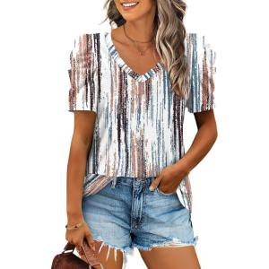 XIEERDUO Womens Summer Shirt V Neck Casual Tshirts Puff Sleeve Tops for Women Solid Color XS-3XL(22-tie-dye)