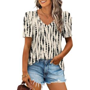 XIEERDUO Womens Summer Shirt V Neck Casual Tshirts Puff Sleeve Tops for Women Solid Color XS-3XL(24-beige Dot)