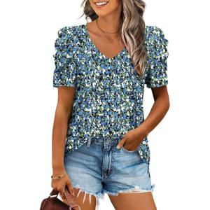 XIEERDUO Womens Summer Shirt V Neck Casual Tshirts Puff Sleeve Tops for Women Solid Color XS-3XL(24-blue Print)