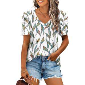 XIEERDUO Womens Summer Shirt V Neck Casual Tshirts Puff Sleeve Tops for Women Solid Color XS-3XL(24-colorful Leaves)