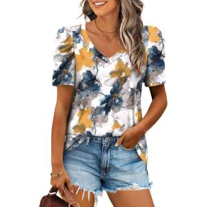XIEERDUO Womens Summer Shirt V Neck Casual Tshirts Puff Sleeve Tops for Women Solid Color XS-3XL(24-multi Teal)