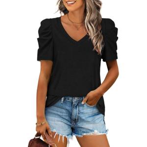 XIEERDUO Womens Summer Shirt V Neck Casual Tshirts Puff Sleeve Tops for Women Solid Color XS-3XL(Black)